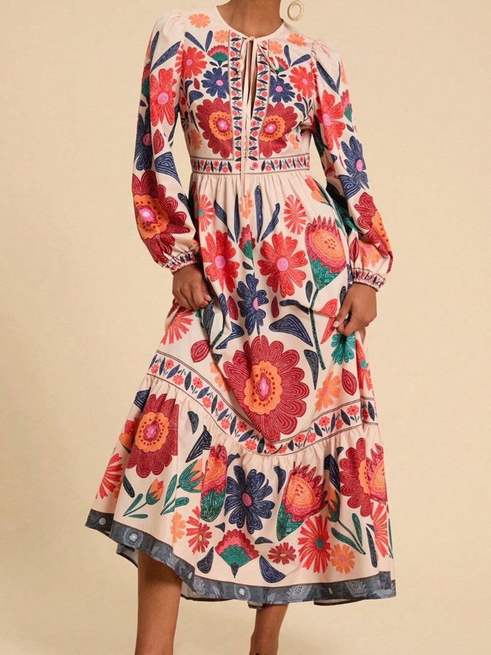 Multicolor Boho Women's Vacation Floral Print Tie-Up Long Sleeve Dress - Picture 3 of 6